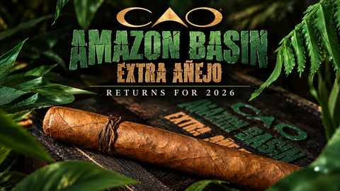 CAO Amazon Basin Extra Anejo 2026, a 6 x 52 Toro with Brazilian Braganca tobacco aged two extra years