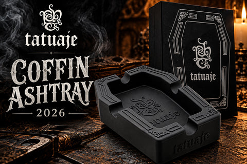 Tatuaje Coffin Ashtray 2026, a coffin-shaped black silicone ashtray with four cigar rests