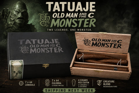 Tatuaje Old Man and The C Monster coffin with a Lonsdale and a three-cigar Culebra, Creature-themed
