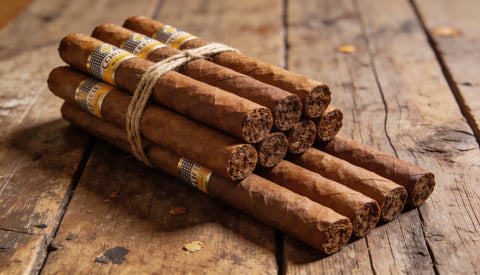 An assortment of affordable premium cigars in a bundle on a wooden table, the best cheap cigars for value