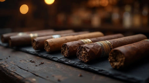 A selection of premium boutique cigars from small independent makers on a dark bar