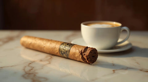 A creamy Connecticut-wrapped cigar with a light golden wrapper next to a coffee with cream