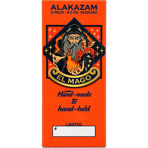 El Mago Alakazam Maduro 6 x 50 limited three-cigar box with bright orange wizard artwork and numbered panel