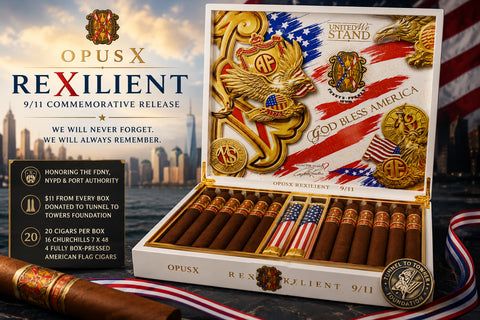 OpusX ReXilient 9/11 commemorative box with American-flag-wrapped cigars arranged to honor the Twin Towers