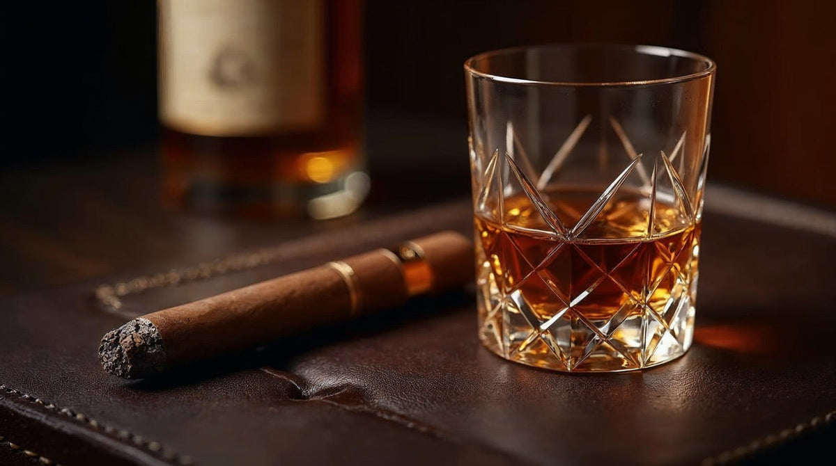 A premium $50 cigar resting on a dark leather surface next to a glass of whiskey
