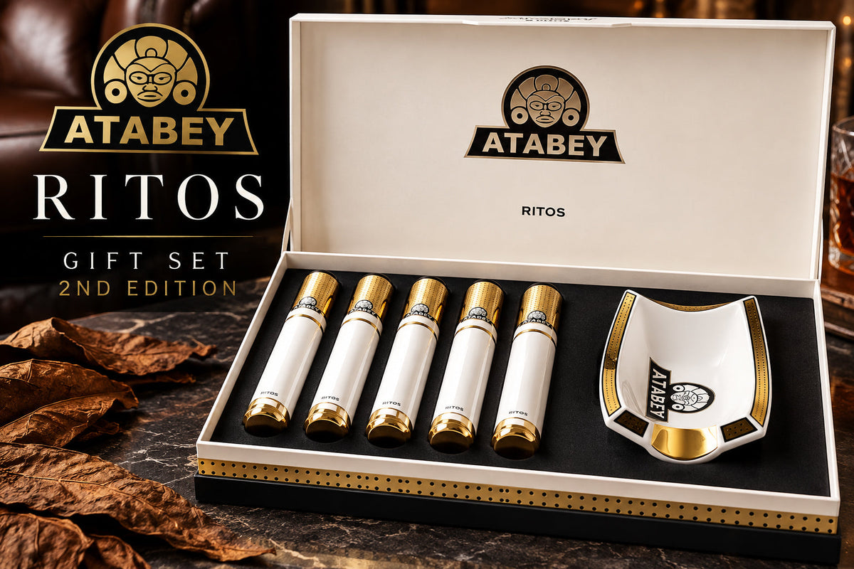 Atabey Ritos Gift Set 2nd Edition with five cigars in tubes and a porcelain ashtray designed by Nelson Alfonso