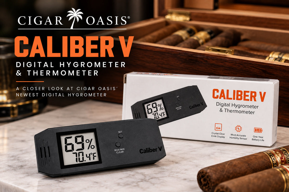 Cigar Oasis Caliber V, a simple $30 digital hygrometer with an E-Ink display for a humidor