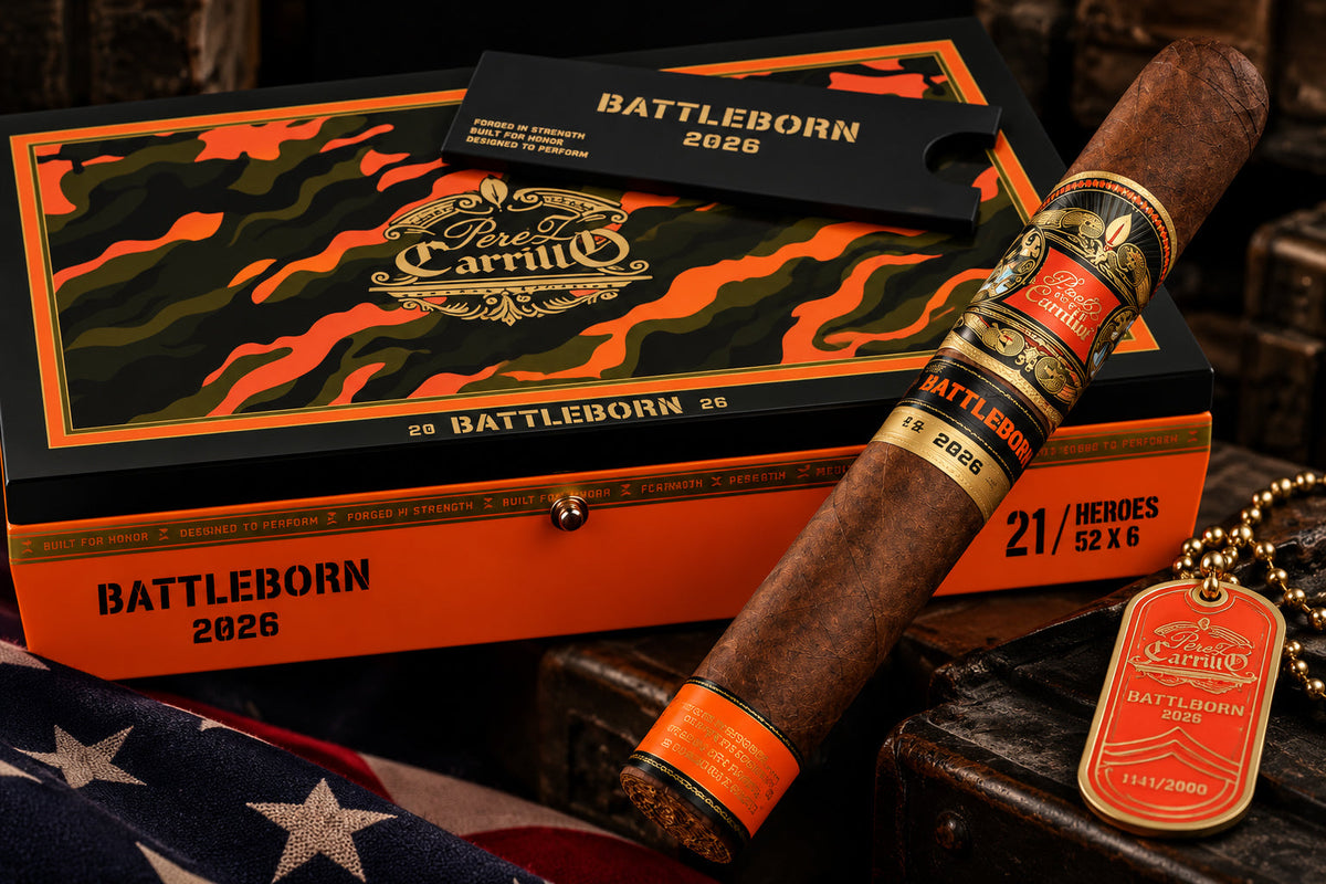Casa Carrillo Battleborn Heroes 2026, a 6 x 52 Toro with an African Cameroon wrapper and collectible dog tag