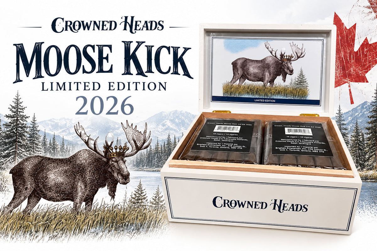 Crowned Heads Moose Kick Limited Edition 2026, white display box with moose artwork and sealed cigar bundles