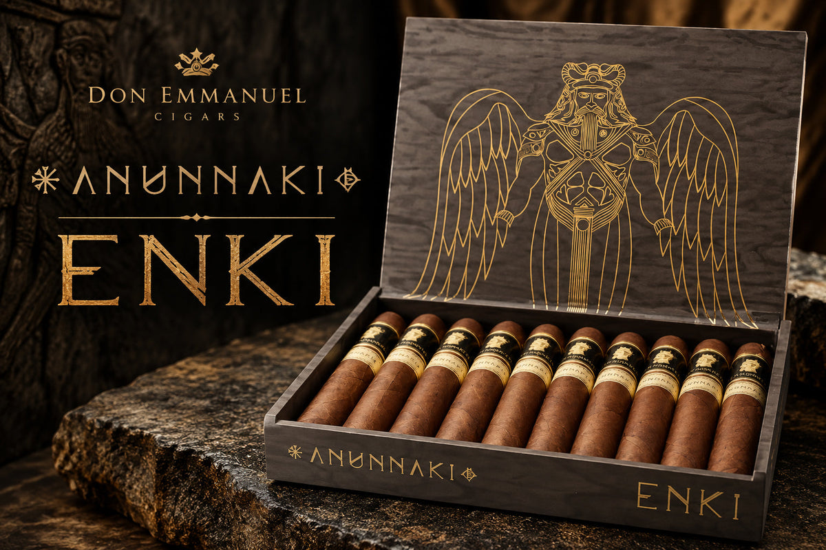 Don Emmanuel Anunnaki Enki, a 6 x 54 Dominican figurado with a cabeza tumbada head and closed foot