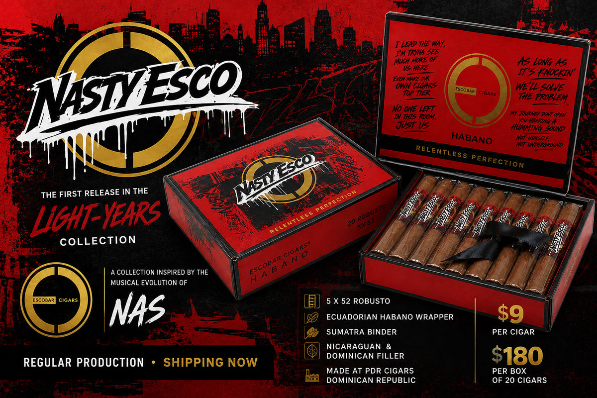 Escobar Cigars Nasty Esco robusto and box, the first release in the Light-Years Collection inspired by Nas