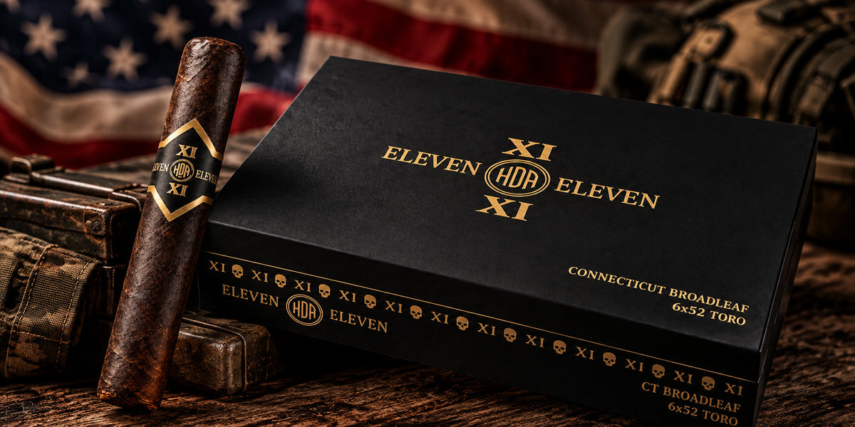 HDA ELEVEN ELEVEN Veterans Day 2026 Limited Edition cigar and its black-and-gold box