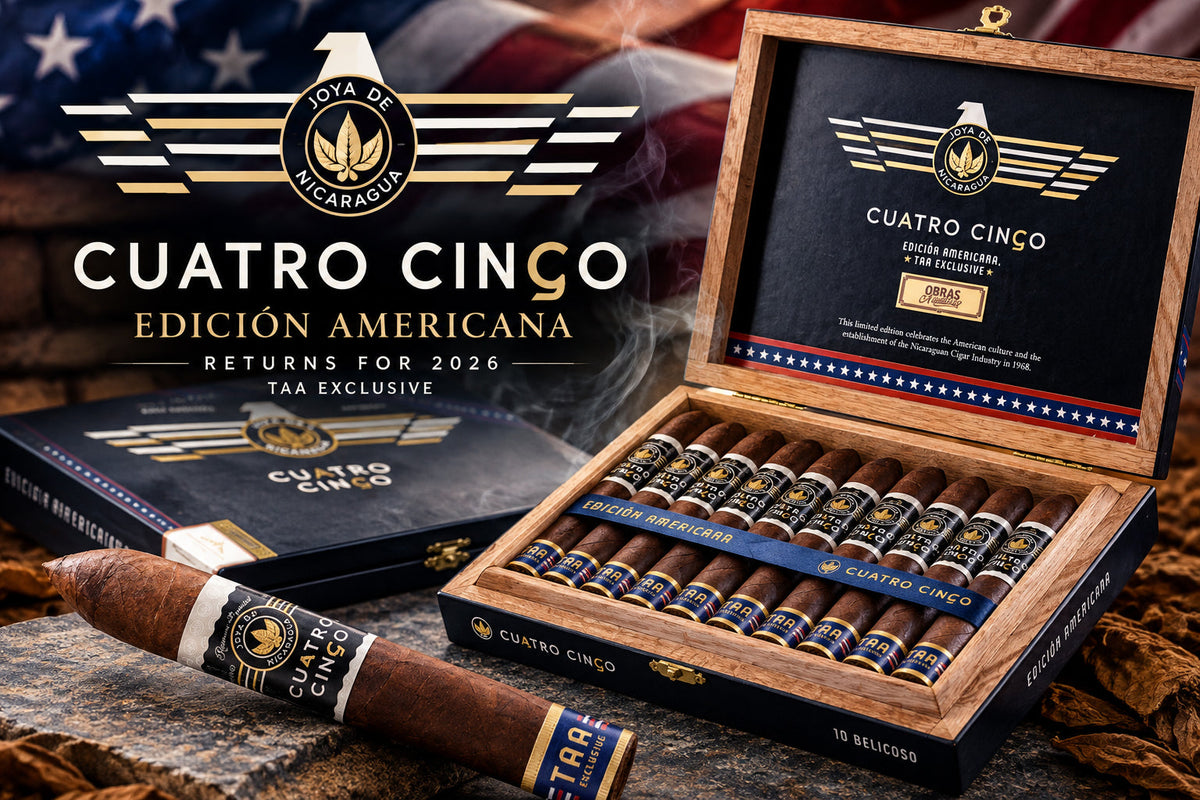 Joya de Nicaragua Cuatro Cinco Edicion Americana, a 6 x 54 box-pressed belicoso returning for 2026