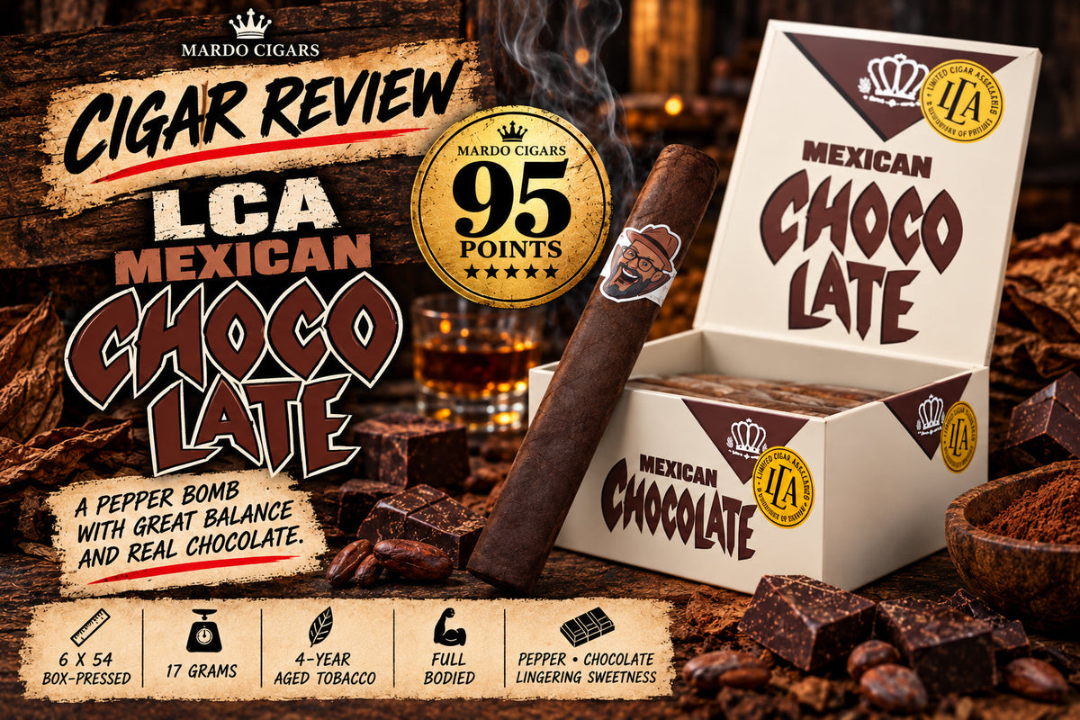 LCA Mexican Chocolate, a 6 x 54 box-pressed cigar with a dark Mexican San Andres wrapper