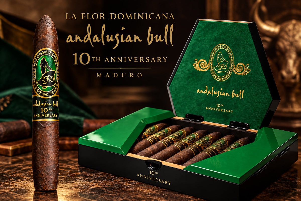 La Flor Dominicana Andalusian Bull 10th Anniversary Maduro, a 6 1/2 x 52/64 perfecto with Connecticut Broadleaf wrapper