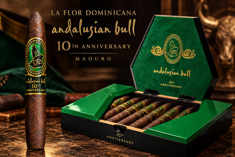 La Flor Dominicana Andalusian Bull 10th Anniversary Maduro, a 6 1/2 x 52/64 perfecto with Connecticut Broadleaf wrapper