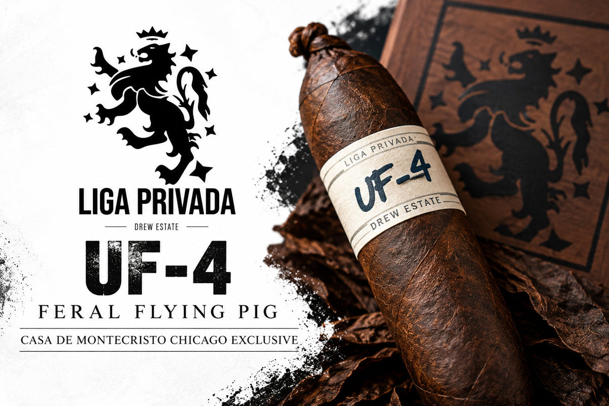 Liga Privada UF-4 by Drew Estate, a Casa de Montecristo Chicago exclusive, in the Feral Flying Pig shape