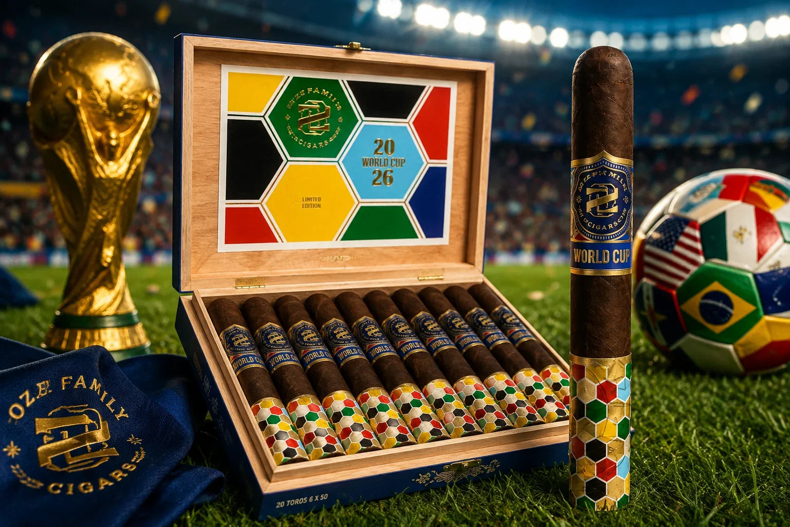 OZ Family Cigars World Cup 2026 open box with its multicolor World Cup lid, beside the World Cup trophy and a soccer ball