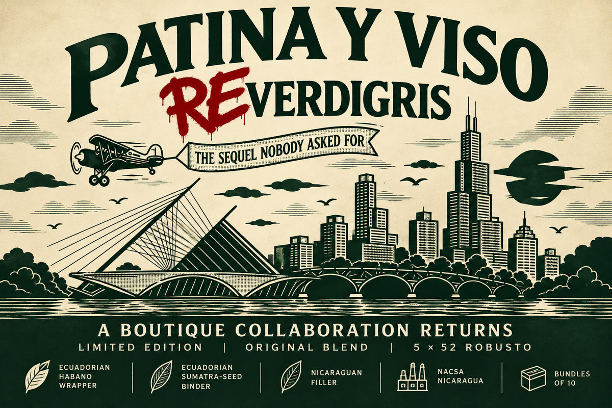 Patina y Viso ReVerdigris 2026 Robusto 5 x 52, a limited boutique collaboration between Patina Cigars and Viso Horny