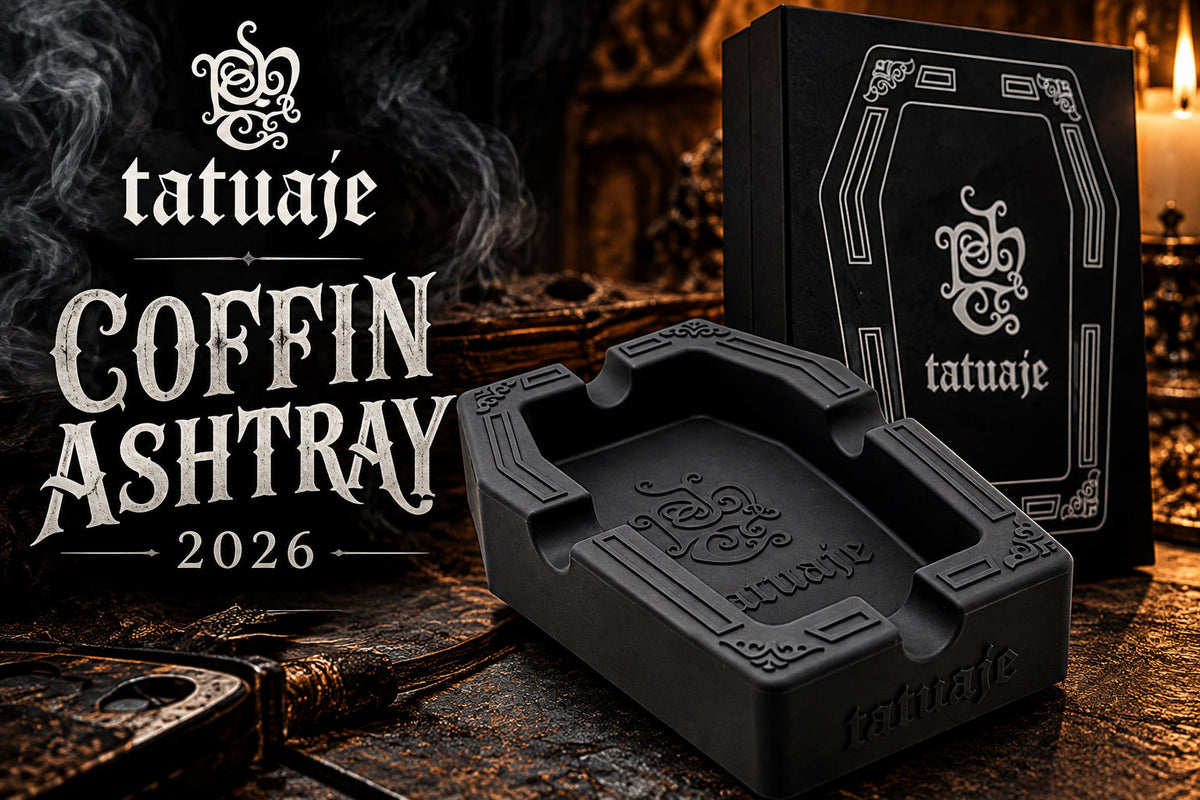 Tatuaje Coffin Ashtray 2026, a coffin-shaped black silicone ashtray with four cigar rests