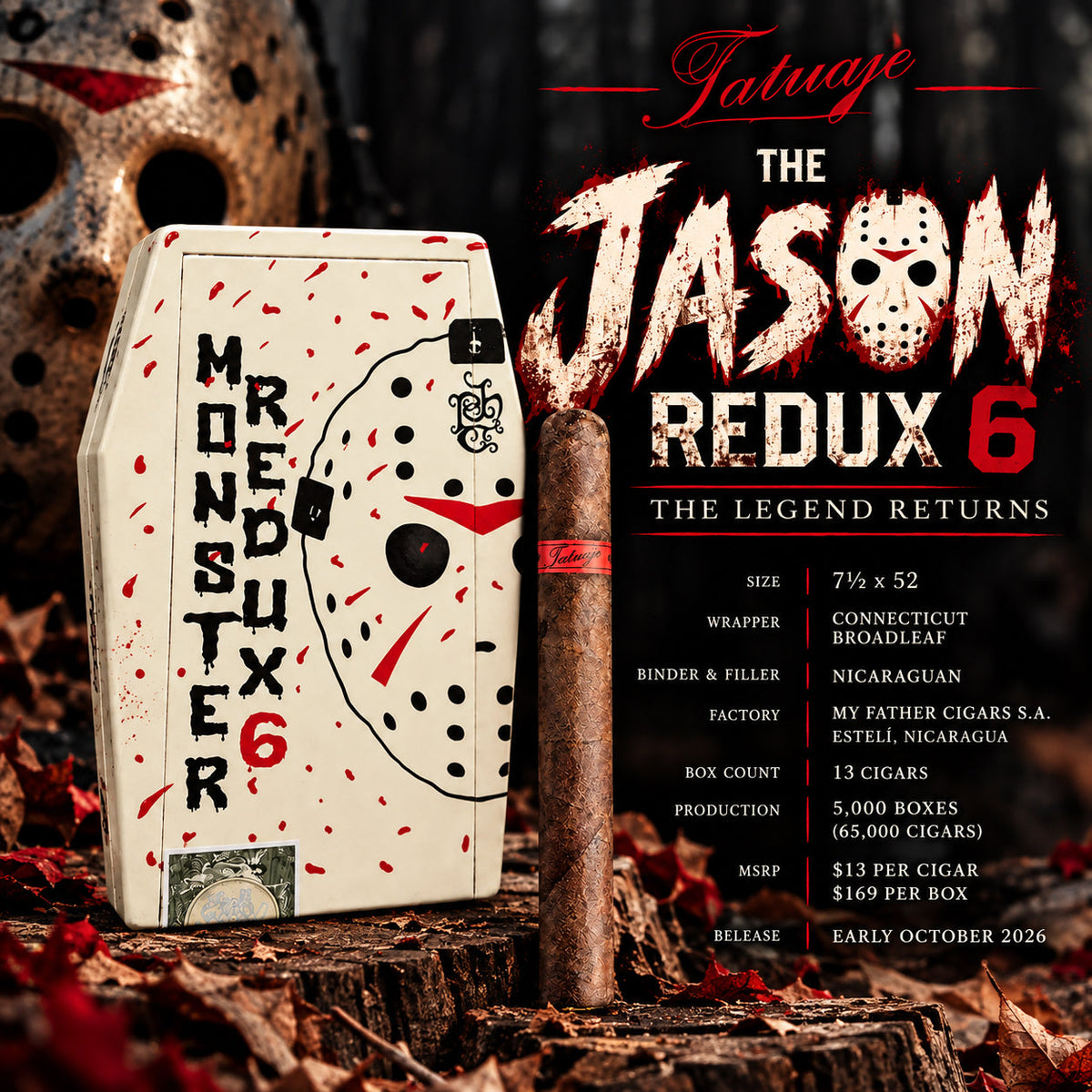 Tatuaje The Jason Redux 6, a 7 1/2 x 52 Monster Series cigar in its 13-count coffin box