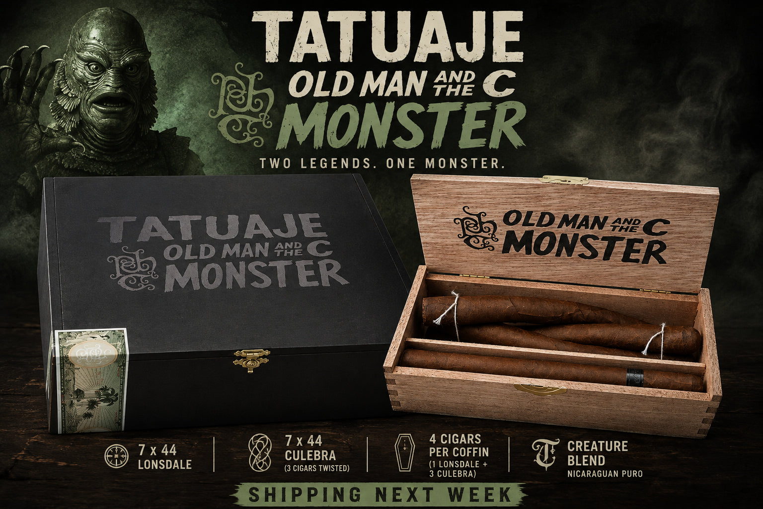 Tatuaje Old Man and The C Monster coffin with a Lonsdale and a three-cigar Culebra, Creature-themed