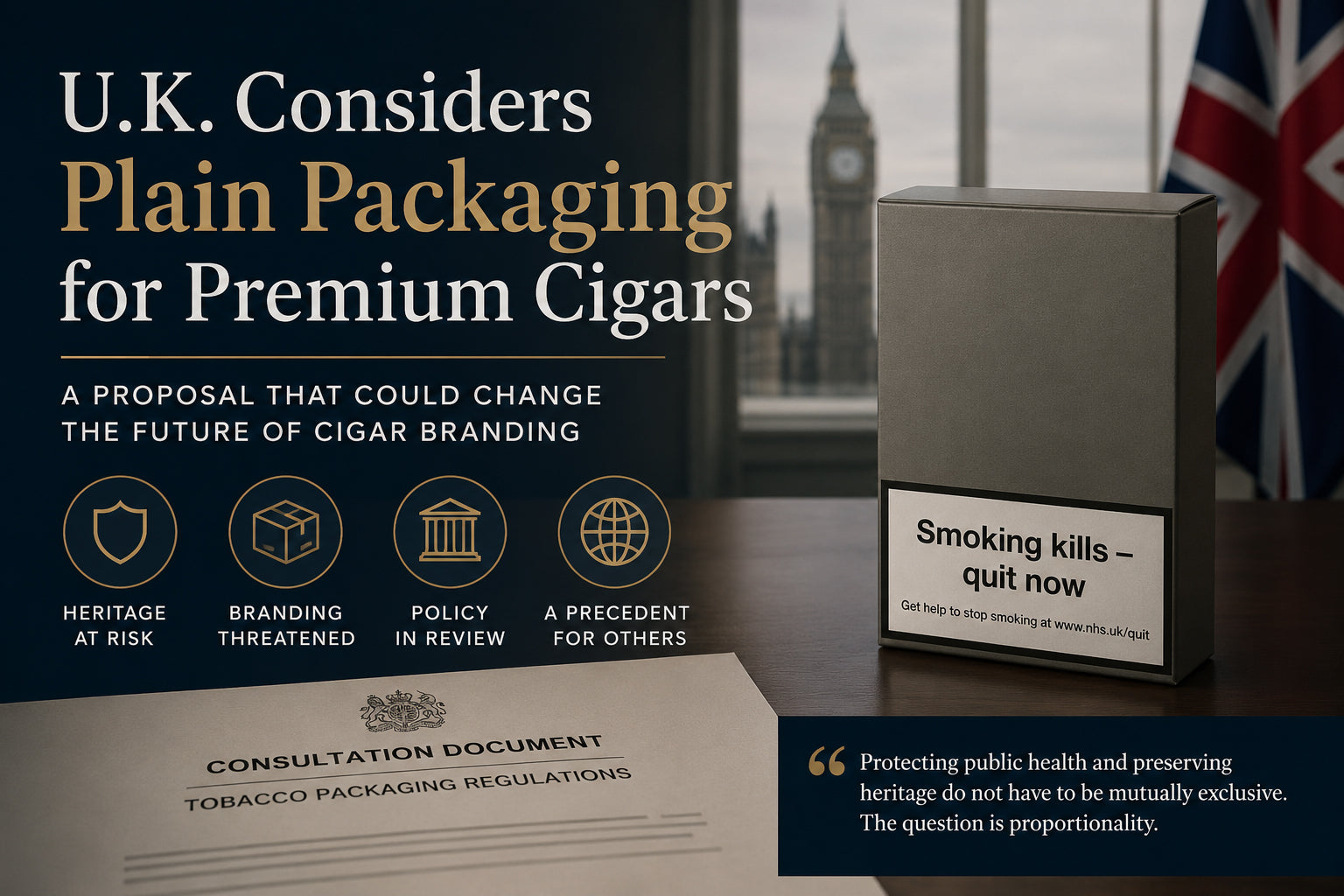 U.K. plain packaging proposal graphic showing a premium cigar box next to a standardized dark package