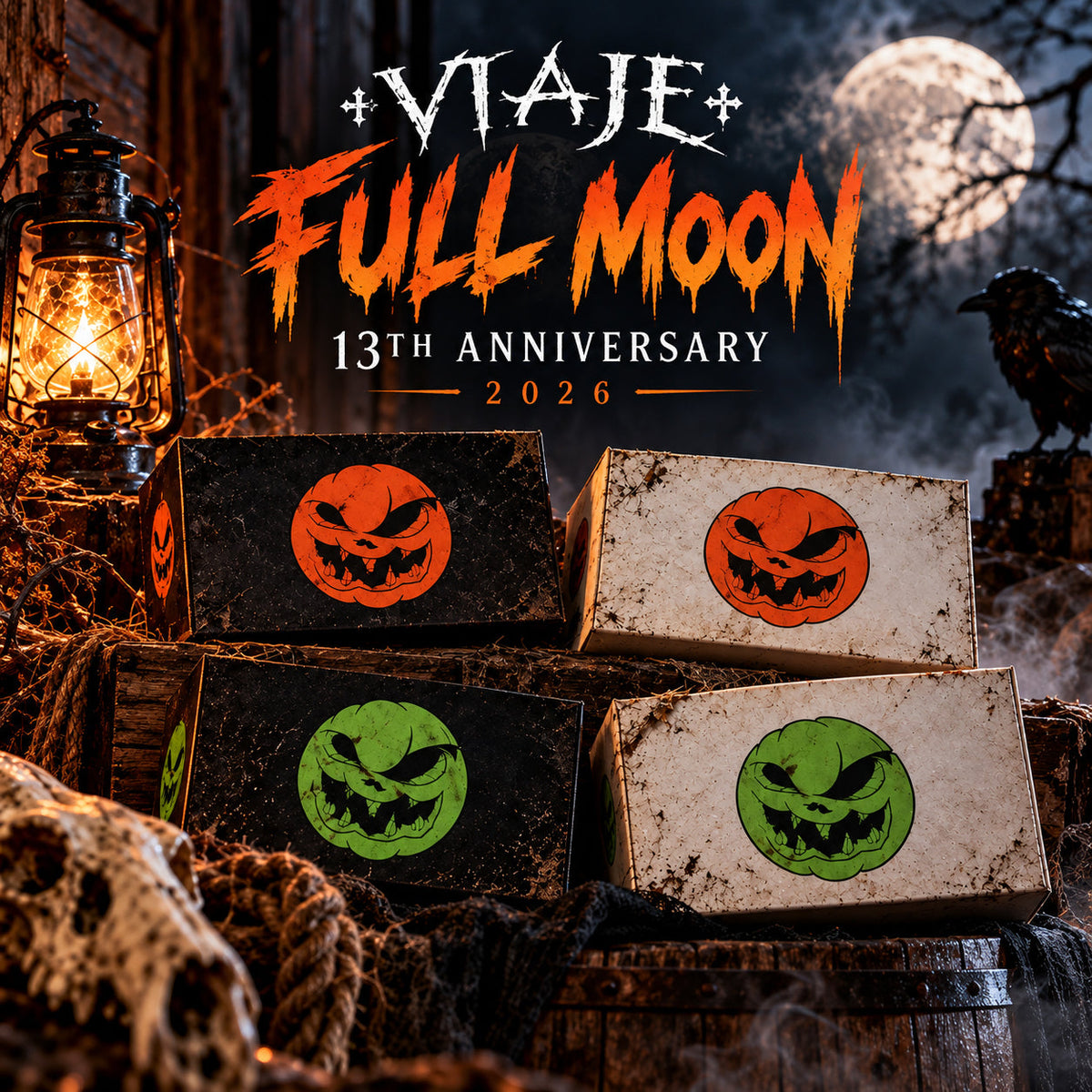 Viaje Full Moon 13th Anniversary, four Halloween cigars in orange and green jack-o'-lantern packaging