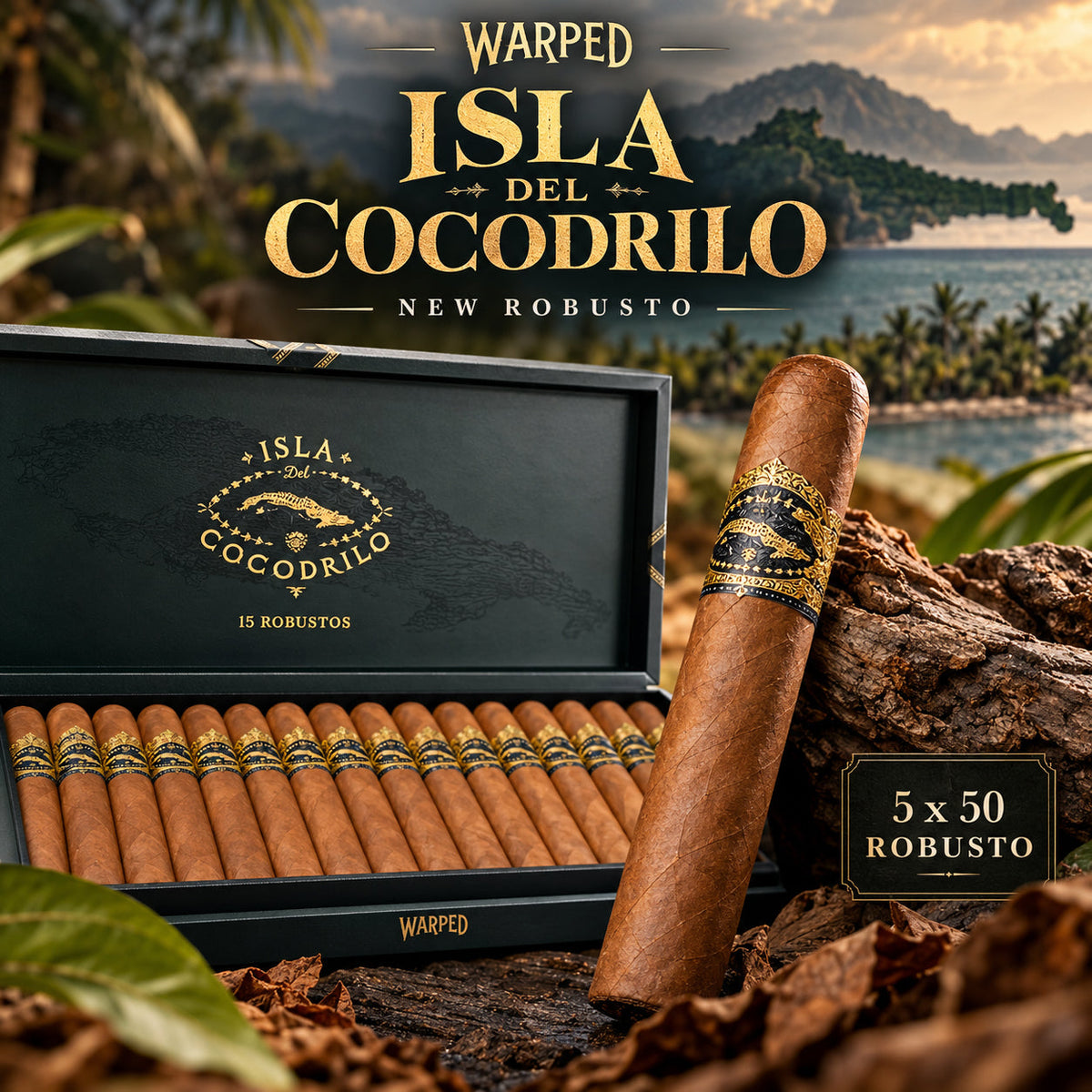 Warped Isla del Cocodrilo Robusto 5 x 50 with its Ecuadorian Habano Desflorada wrapper and 15-count box