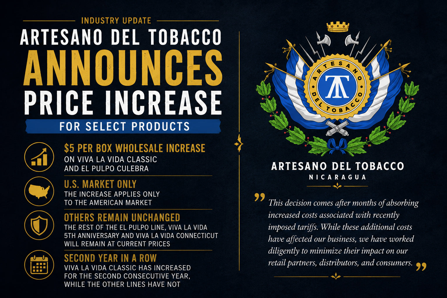 Artesano Del Tobacco Viva La Vida and El Pulpo cigars with a 2026 price increase notice