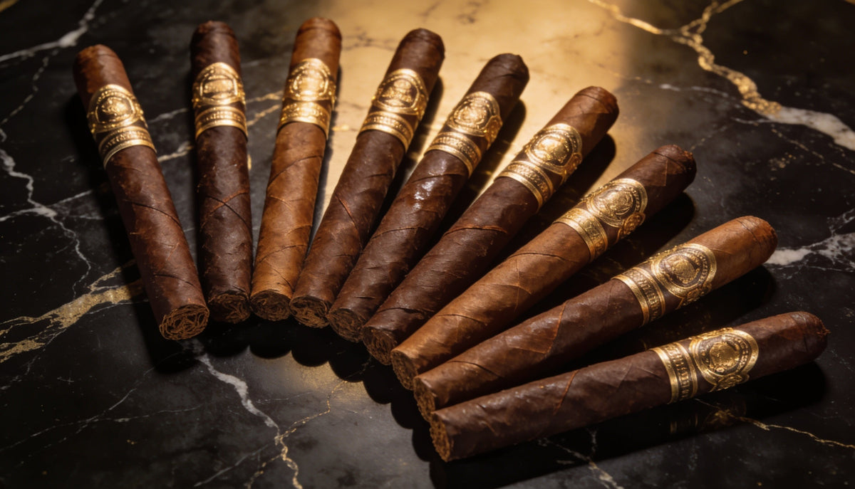 Eight dark maduro Arturo Fuente Añejo cigars of different sizes on black marble