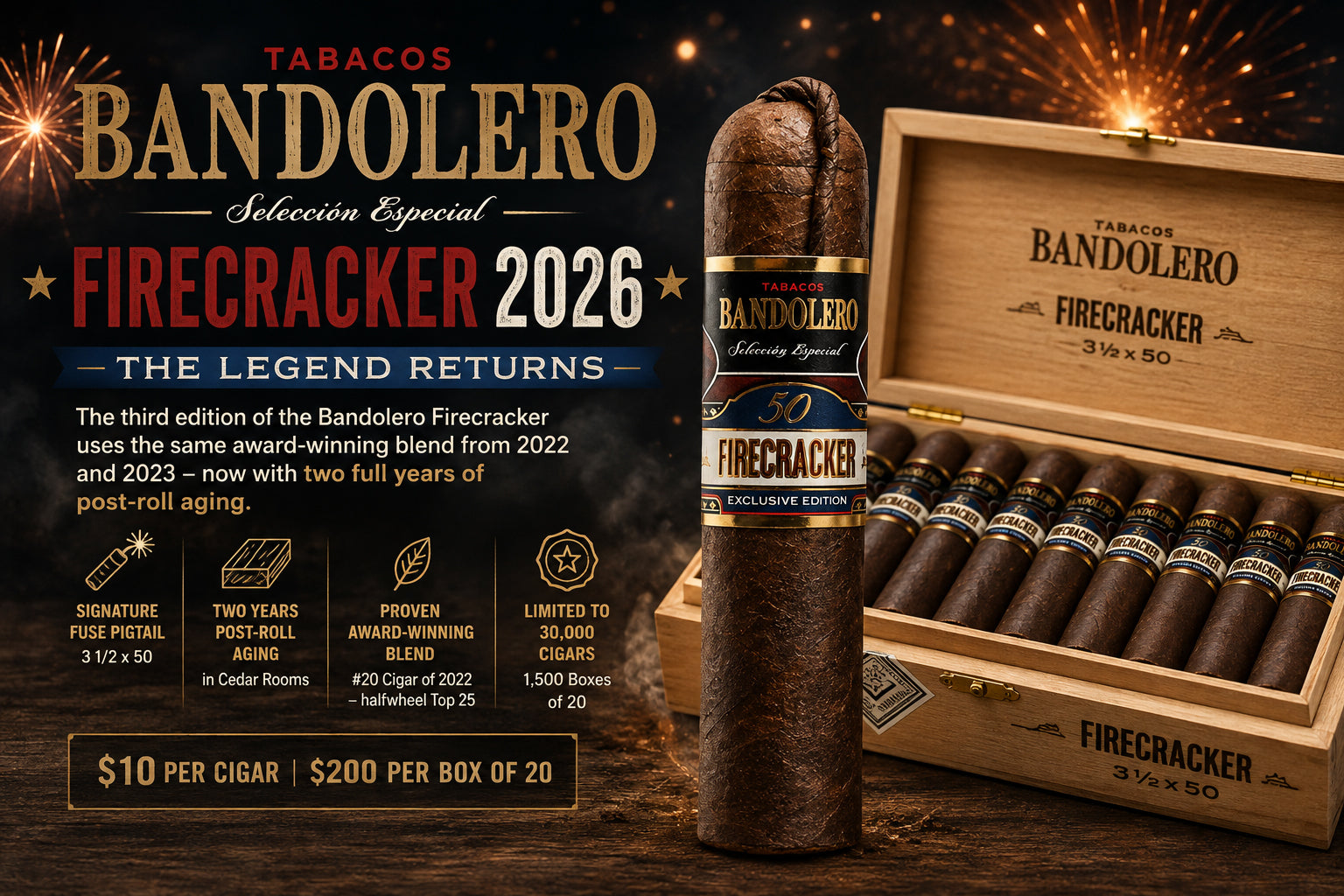 Bandolero Firecracker 2026 cigars with the signature fuse pigtail in an open cedar box