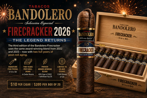 Bandolero Firecracker 2026 cigars with the signature fuse pigtail in an open cedar box