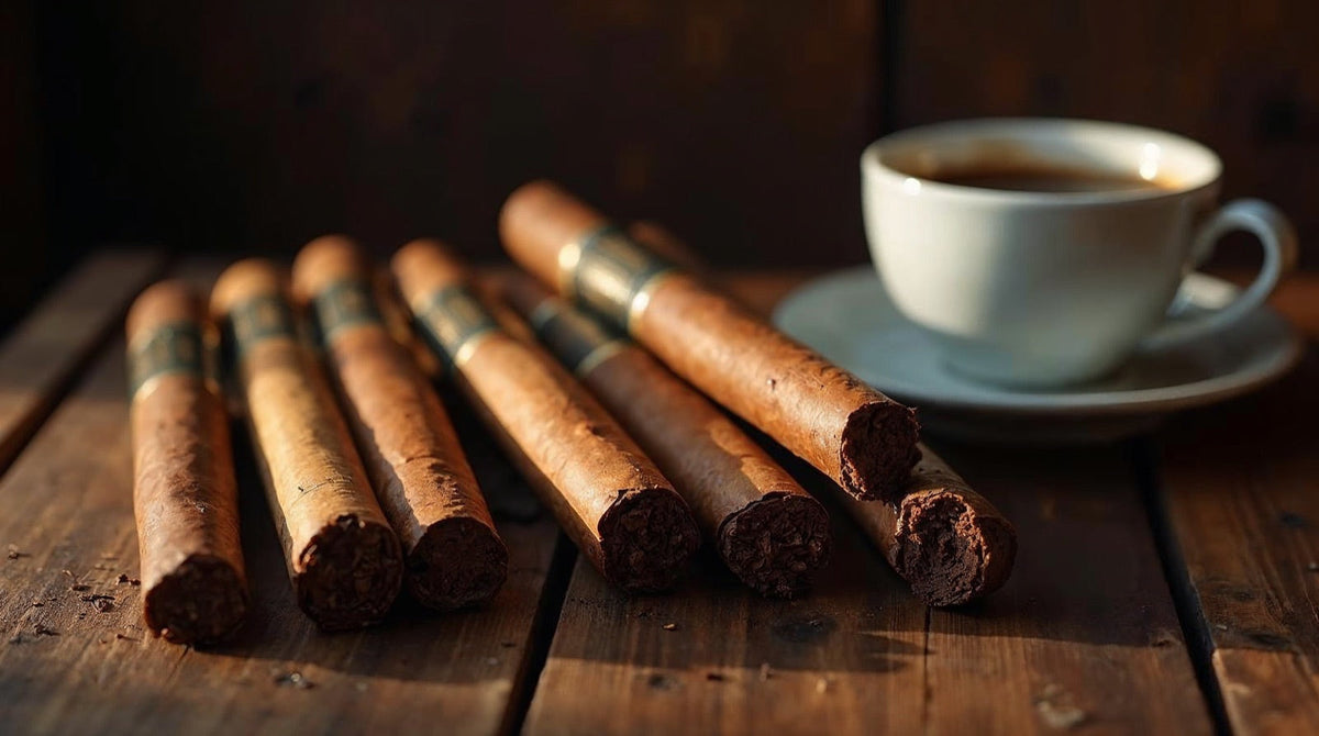 A selection of the best budget cigars arranged on a rustic wooden table