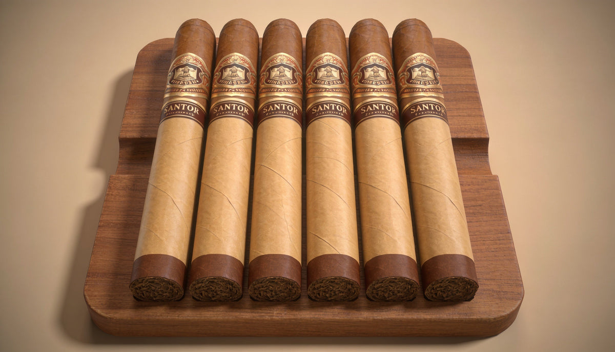 Six light-wrapper Connecticut cigars arranged on a wooden board, the best Connecticut cigars sampler