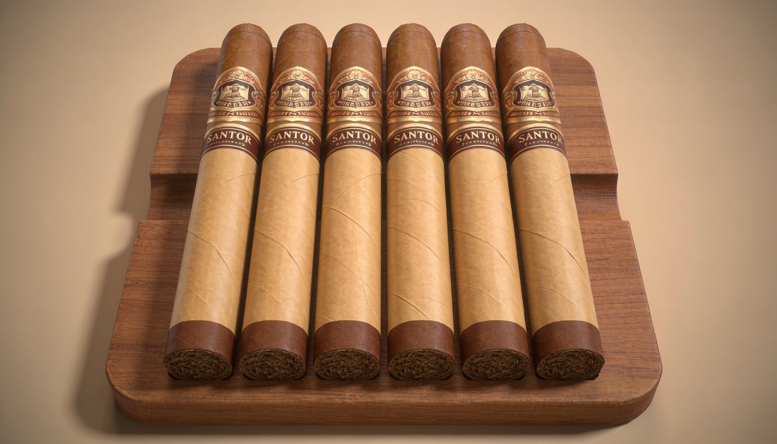 Six light-wrapper Connecticut cigars arranged on a wooden board, the best Connecticut cigars sampler