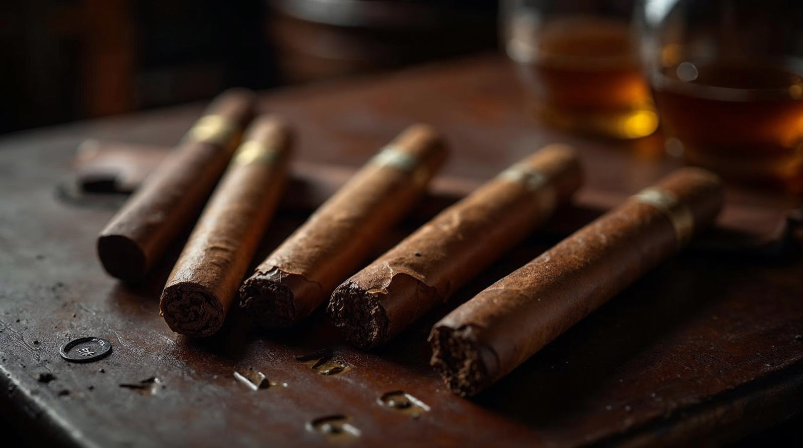 A selection of the best Dominican cigars from a boutique sampler arranged on a dark bar
