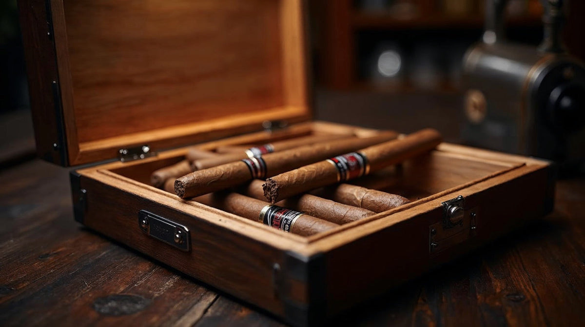An open Spanish cedar cigar humidor next to premium cigars on a dark wooden table