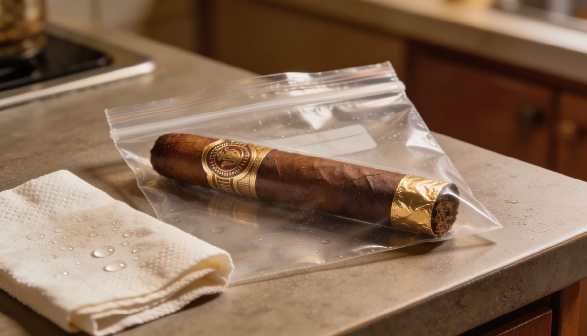 Premium cigar sealed in a Ziploc bag with a damp paper towel, showing how to keep cigars fresh without a humidor