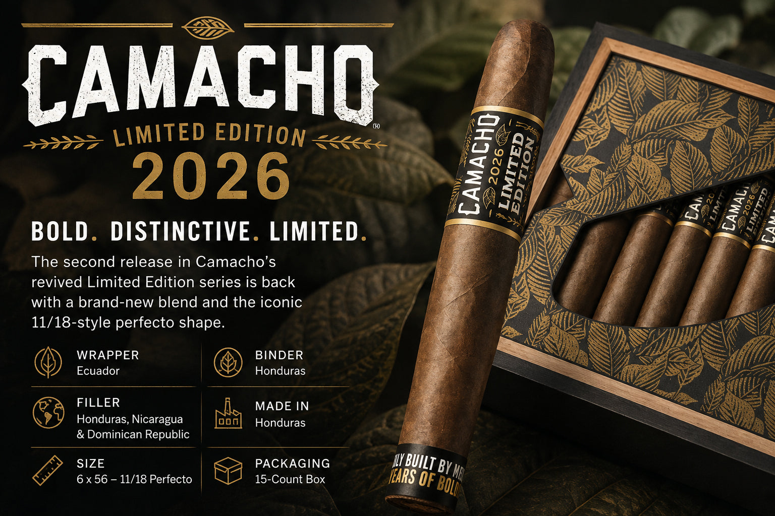 Camacho Limited Edition 2026 11/18 perfecto cigar and box, a limited annual release