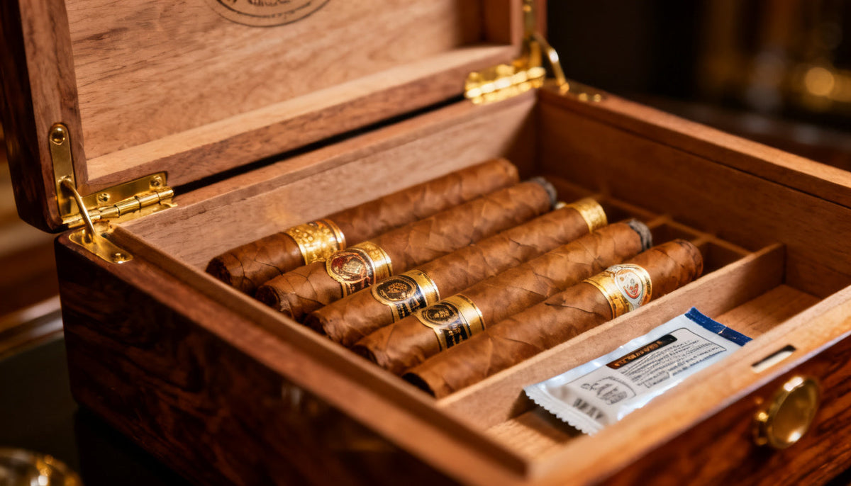 Open wooden humidor with premium cigars and a Boveda humidity pack, illustrating whether you can recharge Boveda packs