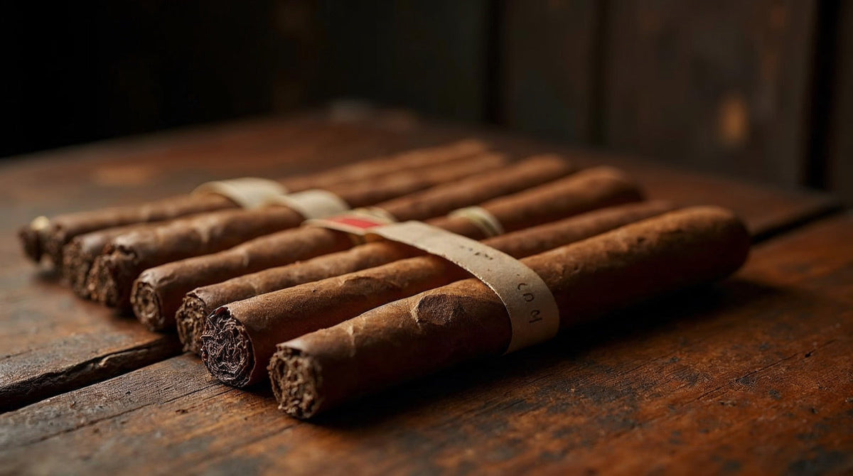 An assortment of affordable quality handmade cigars arranged on a wooden table