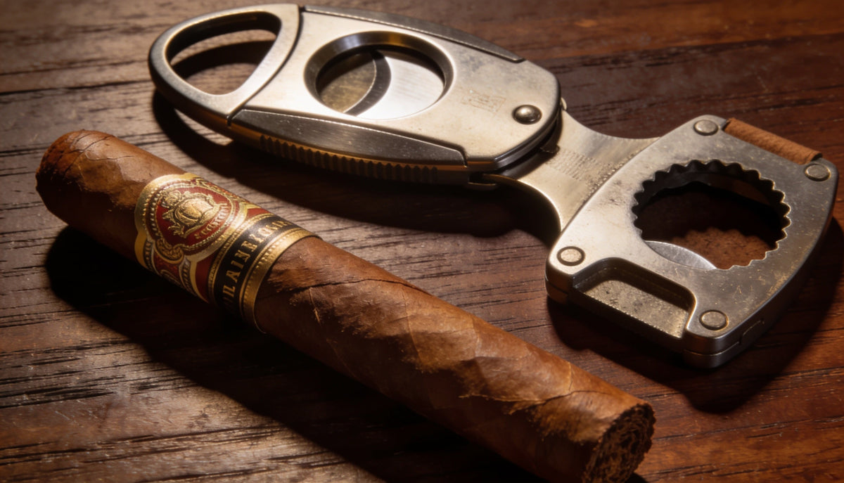 A cigar guillotine cutter and a cigar punch beside a premium cigar, comparing punch vs guillotine