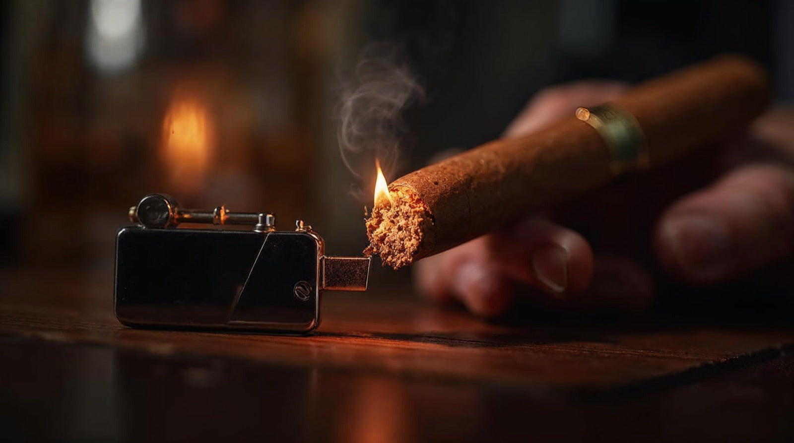A premium cigar being lit from the cap end to smoke it safari style