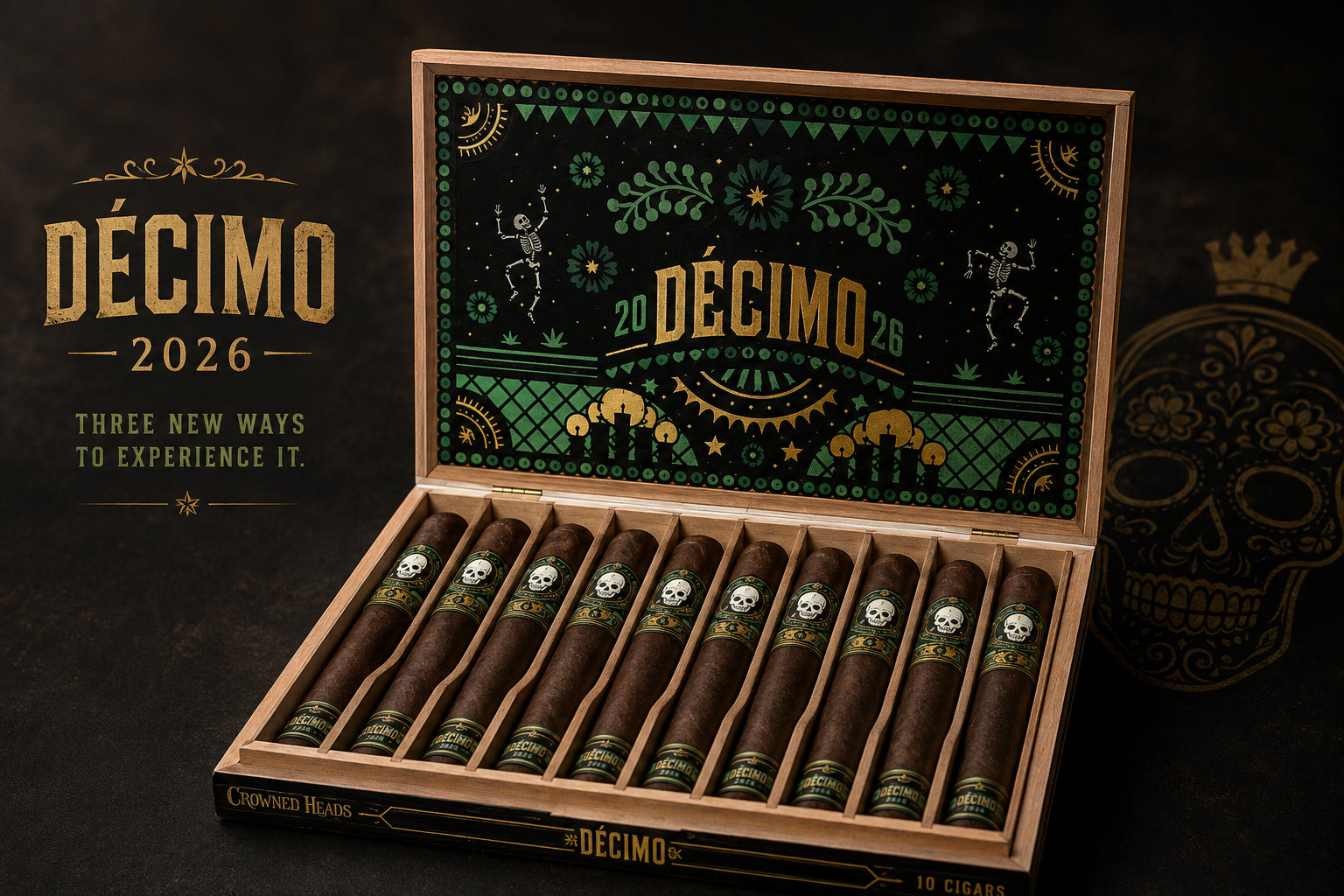 Crowned Heads Las Calaveras Décimo 2026 cigars in an open box with green Día de los Muertos artwork