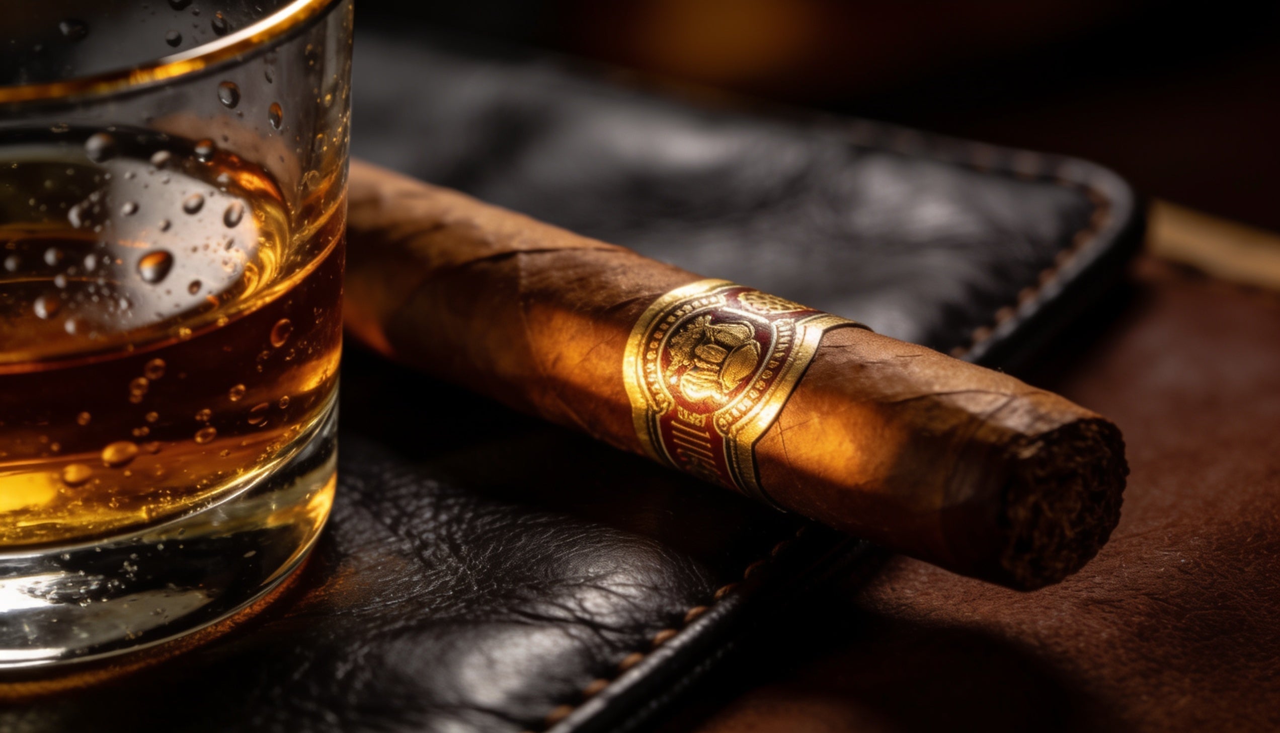 Premium cigar and whiskey on leather, illustrating the do cigars increase testosterone question
