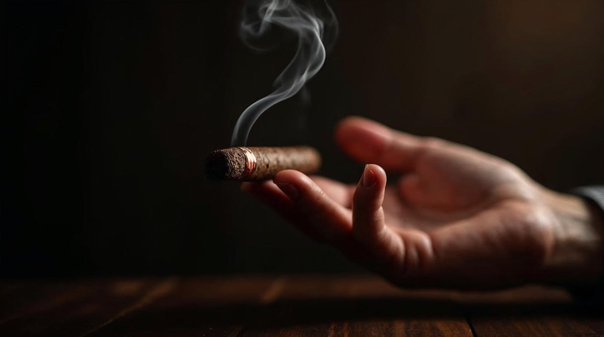 A person savoring a premium cigar with the smoke gently drifting, not inhaling