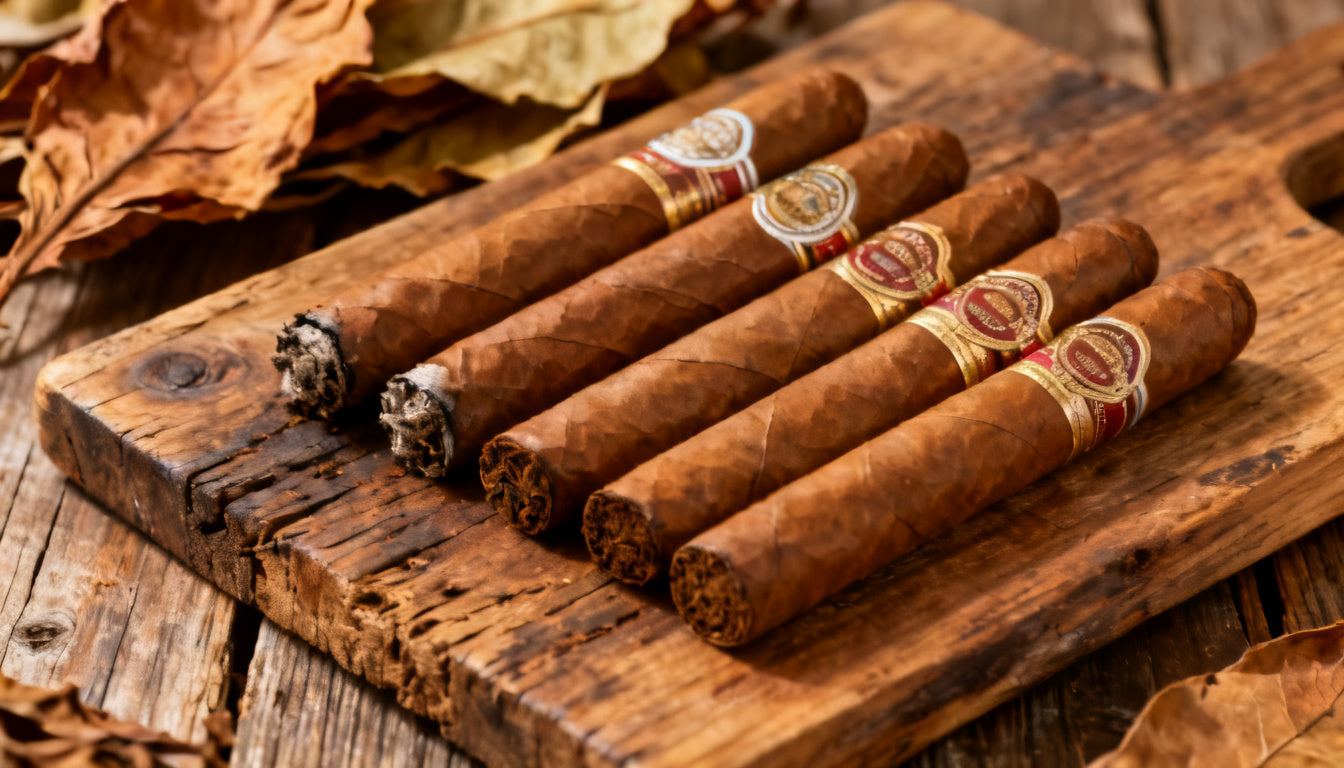 Five premium Dominican cigars arranged on a wooden board with tobacco leaves