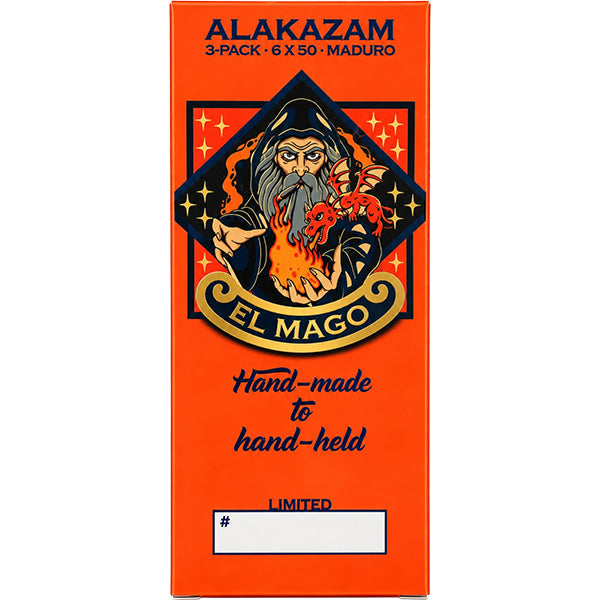 El Mago Alakazam Maduro 6 x 50 limited three-cigar box with bright orange wizard artwork and numbered panel