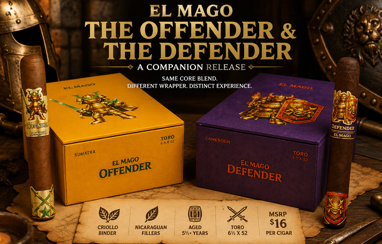 El Mago The Offender and The Defender cigars with their Sumatra and Cameroon boxes, a companion release